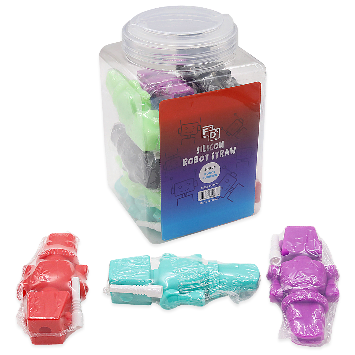 Faded Daily Silicone ROBOT Straw (SL136ROBOT) | 20 Count Display | Assorted Colors product image